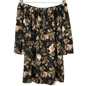 French Connection Tan Floral Adeline Dream Off Shoulder Long Sleeve Crepe Dress